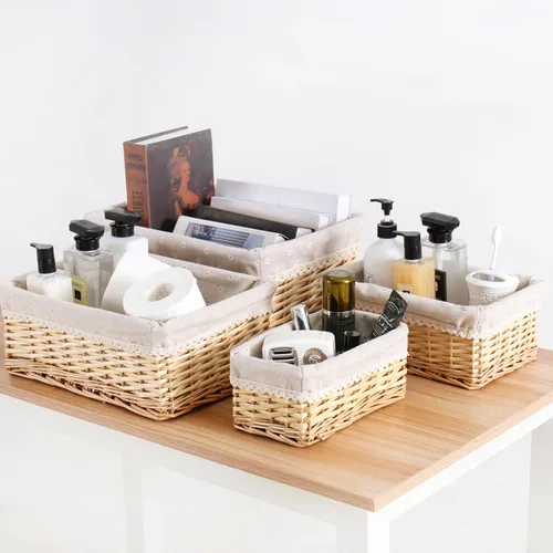 Vista 4 de Cesta de almacenamiento hecha a mano, cesta de mimbre tejida a mano, materiales de sauce natural, rectangular, 1 paquete, tamaño pequeño