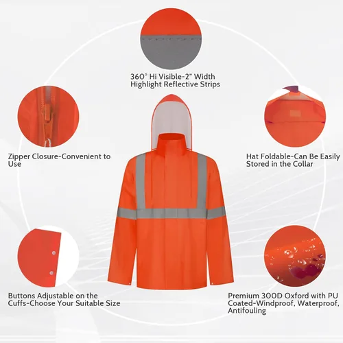 Vista 28 de TCCFCCT Chaqueta de lluvia de alta visibilidad para hombre, impermeable, abrigo de lluvia de alta visibilidad para hombres y mujeres con capucha