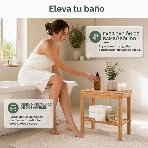 Vista 5 de SOUJOY Banco de ducha de bambú, taburete de asiento de baño, taburete de afeitado para reposapiés de spa, estante de almacenamiento para toalla