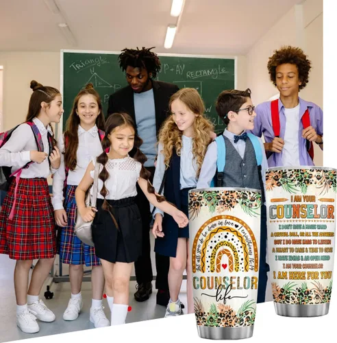 Vista 2 de 4LIEUBASMI Vaso de 20 onzas para consejero escolar, semana de agradecimiento al consejero, moderno multicolor con estampado de letras de arco iris