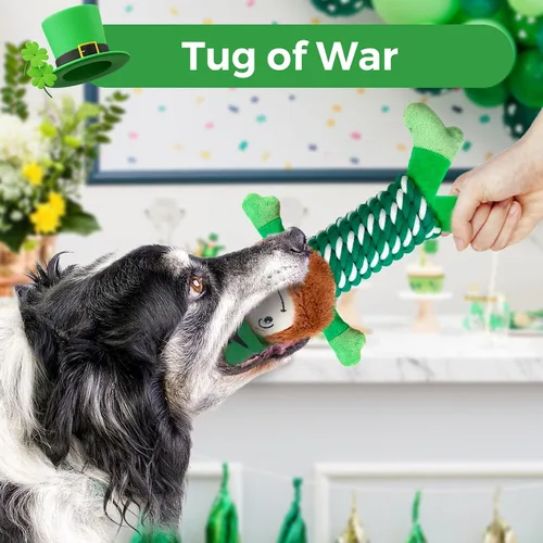 Vista 4 de Juguete para perros del día de San Patricio, juguetes de cuerda verde con chirriante, limpieza de dientes de perro de tira y afloja, regalos del día