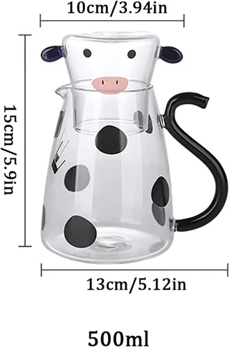 Vista 6 de Ochine Jarra de agua de noche de vidrio transparente con dibujo de vaca para mesita de noche con vaso, linda taza de café de vaca, jarra y taza