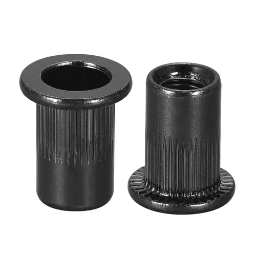 Vista 8 de uxcell Tuercas de remache M4 de acero al carbono chapadas en zinc moleteado cabeza plana roscada tuerca de inserción negra 100 piezas