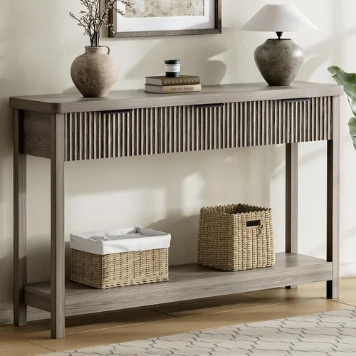 Vista 11 de Lulive Mesa Consola Acanalada de 51" para Entrada, Mesa de Entrada con 3 Cajones de Madera, Mesa Estilo Granja Detrás del Sofá para Sala de Estar