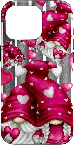 Vista 20 de Pink Heart Pattern On Grey Striped Decor Valentine Gnome Case for iPhone 17