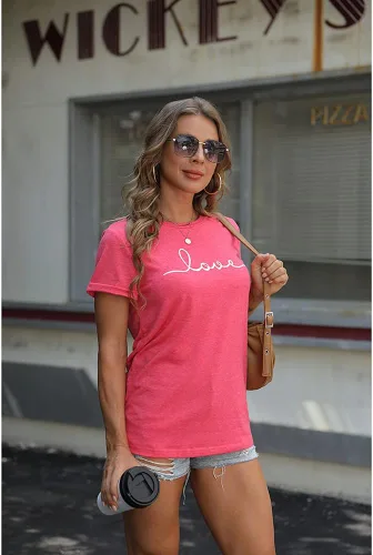 Vista 2 de NIUBIA Camiseta de manga corta con estampado de amor para mujer, camiseta holgada de verano
