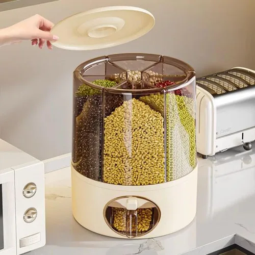 Vista 2 de Dispensador de alimentos giratorio de 6 rejillas prémium con tapa sellada, contenedor de almacenamiento de granos de rotación de 360° para arroz