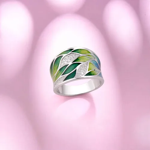 Vista 3 de Santuzza Anillo de plata de ley 925 con hojas de bambú, hecho a mano, esmalte y patrón de hojas para mujer, Gema, Zirconia cúbica