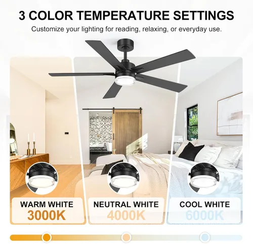 Vista 4 de 52 Inch Ceiling Fan with Lights and Remote, Modern Black Ceiling Fan, 6-Speed Reversible Motor, 3000K/4000K/6000K LED Light, Indoor Ceiling Fan for