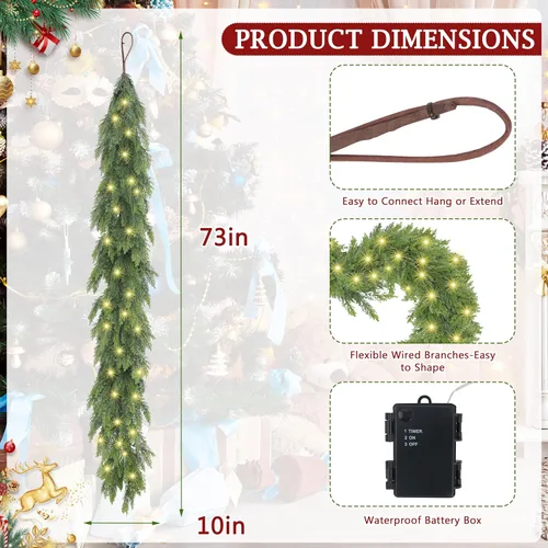 Vista 5 de Guirnalda de cedro de Navidad de 6 pies con luz, guirnalda de cedro iluminada de tacto real, guirnaldas artificiales para mesa, chimenea, pared