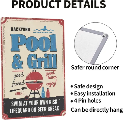 Vista 4 de Póster de metal para fiesta en la piscina, 8 x 12 pulgadas, "Parrilla y natación en su propio riesgo", arte retro para pared al aire libre