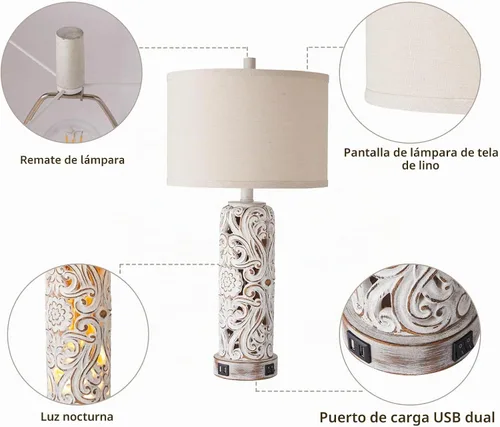 Vista 7 de Lámparas de mesa rústicas para sala de estar y dormitorio 1 paquete - blanco lavado