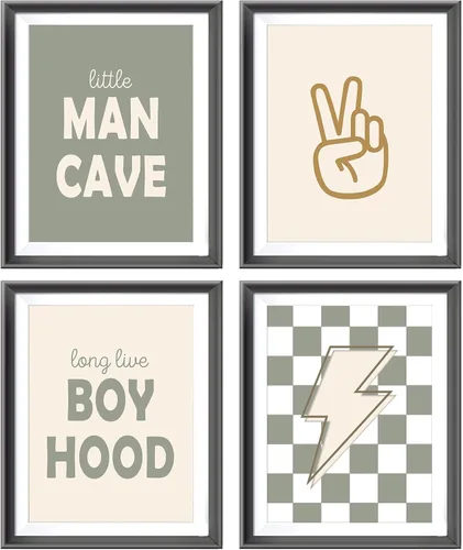 Vista 18 de Pósters Retro de Cueva del Hombrecito Preppy a Cuadros Rayo Signo de Paz Larga Vida a la Niñez para Habitación de Niño Adolescente Decoración
