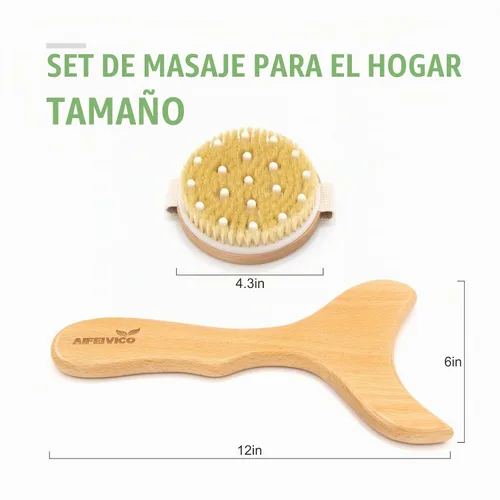 Vista 5 de Pala de drenaje linfático y cepillo corporal de cepillado en seco, herramienta Gua Sha de cuerpo de madera con cepillo para piel seca, paleta