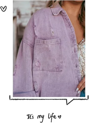 Vista 6 de Lumister Chaqueta de mezclilla de gran tamaño para mujer, suave, ligera, desgastada, con flecos rasgados, manga larga, chaqueta de mezclilla