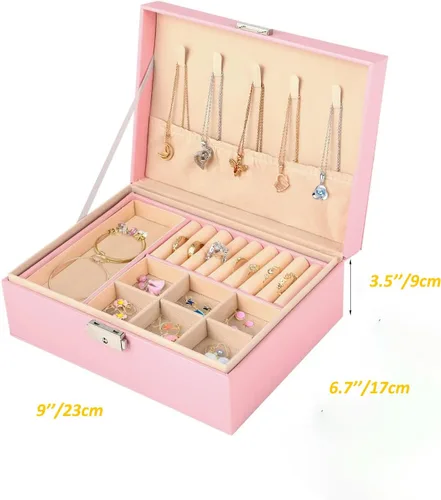 Vista 7 de Joyero organizador para mujeres y niñas, 2 capas grandes para hombre, estuche de almacenamiento de joyas de piel sintética con bandeja extraíble