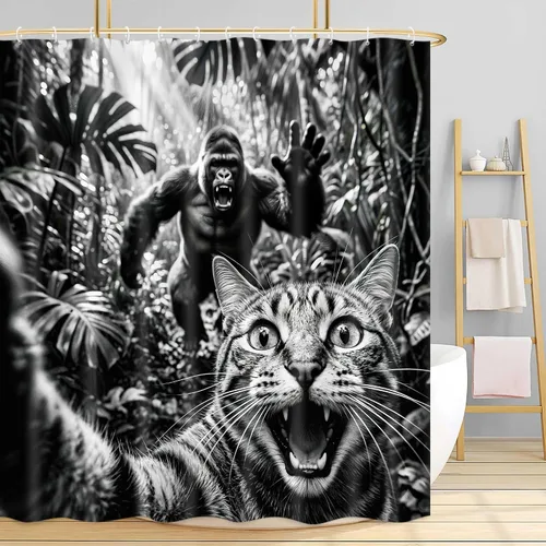Vista 4 de Divertida cortina de ducha con diseño de gato con gorila en la selva, decoración de baño de animales humorísticos en blanco y negro, juego