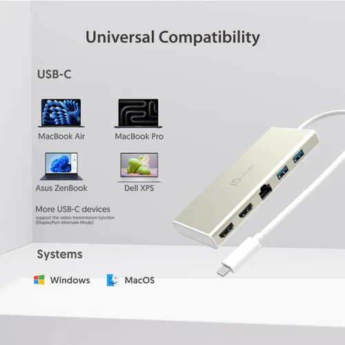 Vista 7 de j5create USB-C Mini Dock-Type C Hub con 2X HDMI, 2X USB 3.0, Ethernet Entrega de potencia 2.0 (JCD381)