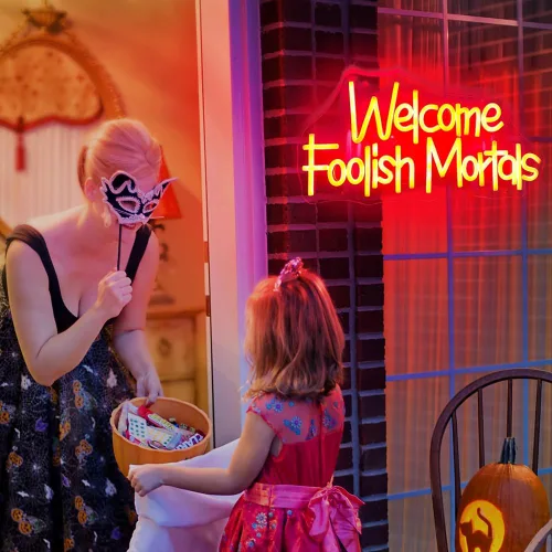 Vista 7 de Letrero de neón de Welcome Foolish Mortals, funciona con pilas, para fiesta de Halloween, puerta de casa embrujada, decoración de Halloween