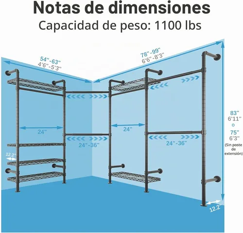 Vista 4 de Timate Perchero de ropa en forma de L L4 resistente para colgar ropa, perchero industrial expandible para ropa de tubería industrial montado