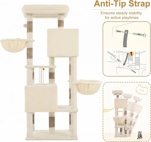 Vista 9 de Heybly Árbol para gatos de 68.1 pulgadas con plataforma superior de gran tamaño y base ancha, torre para gatos grandes de interior con 2