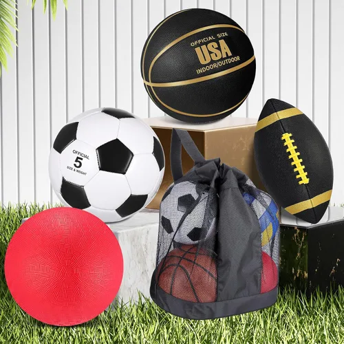 Vista 4 de Lenwen Juego de 4 pelotas deportivas, incluye tamaño oficial de baloncesto, fútbol, fútbol, parque infantil, bolsa de equipamiento