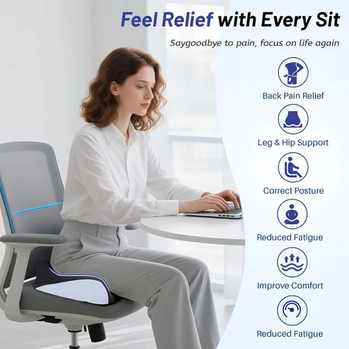 Vista 10 de Cojín de asiento extra grande para aliviar el dolor de coxis, cojín ergonómico para silla de oficina, cojín de espuma viscoelástica para coxis