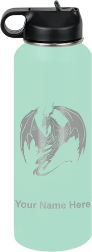 Vista 77 de LaserGram Botella de agua con tapa abatible de doble pared de 12 onzas con pajilla, dragón, grabado personalizado incluido (negro)