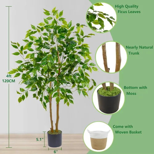 Vista 3 de Warmplants Árbol de ficus artificial, árbol de ficus falso de 4 pies de alto con canasta, planta sintética para interiores y exteriores, hogar, sala