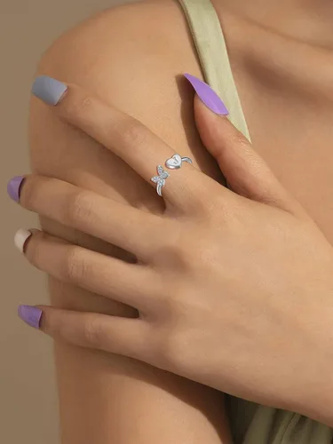 Vista 6 de Anillo con inicial de oro para mujer, anillo de plata con letra inicial de oro rosa, anillos de corazón de mariposa ajustables con iniciales