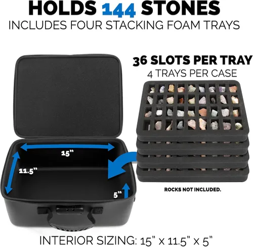 Vista 2 de CASEMATIX Rock Collection - Estuche de viaje con bloqueo programable, caja de colección Rock de 144 ranuras con cuatro bandejas protectoras