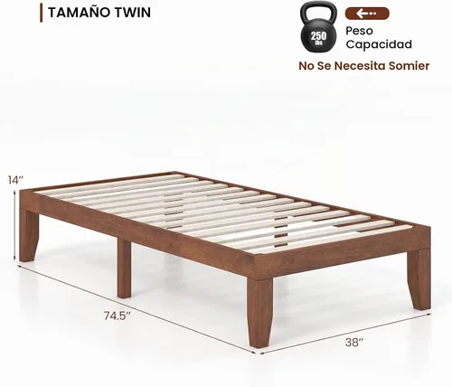 Vista 3 de KOMFOTT Armazón de cama de plataforma de madera de 14 pulgadas, tamaño Twin, base de colchón de madera con marco de madera de caucho, fuerte soporte