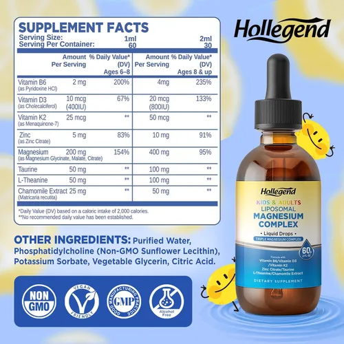 Vista 2 de Liposomal Kids - Gotas de glicinato de magnesio para niños, complejo de magnesio triple líquido de 400 mg para adultos, con D3 y K2, B6, zinc