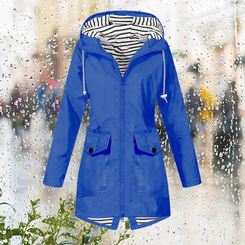 Vista 2 de Abrigo impermeable para mujer, con capucha, ligero, para otoño, invierno, para exteriores, cortavientos, chubasqueros largos