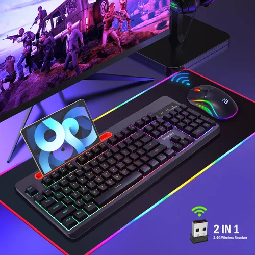 Vista 7 de Snpurdiri - Combo de teclado y mouse inalámbricos para juegos, recargable True RGB True RGB de tamaño completo con soporte para tabletateléfono