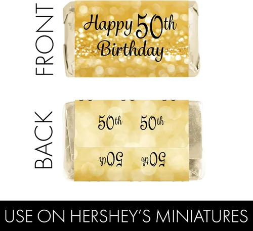Vista 3 de Mini envoltorios de barra de caramelo para fiesta de cumpleaños número 50, color negro y dorado, 45 calcomanías 2.5" x 1.25" Stickers, Fits