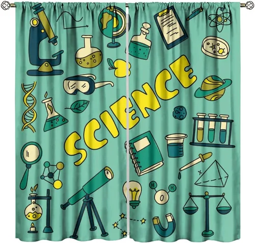 Vista 29 de Cortinas opacas para ventanas de ciencia para niños, lupa de libro de laboratorio de ciencia, lupa, frascos moleculares, cortinas impresas