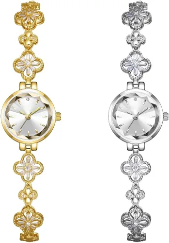 Vista 6 de BESTKANG Relojes de Lujo para Dama con Cadena de Pulsera Hueca de Cuatro Hojas de Hierba, Impermeable, Reloj de Cuarzo de Moda y Vestido Dorado