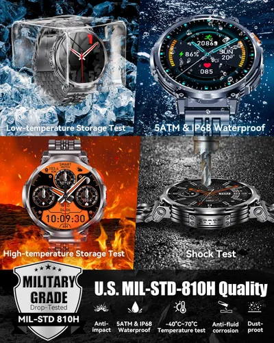 Vista 7 de Relojes inteligentes militares para hombres con llamada Bluetooth, pantalla HD de 1.85 pulgadas, reloj inteligente impermeable con linterna, 114