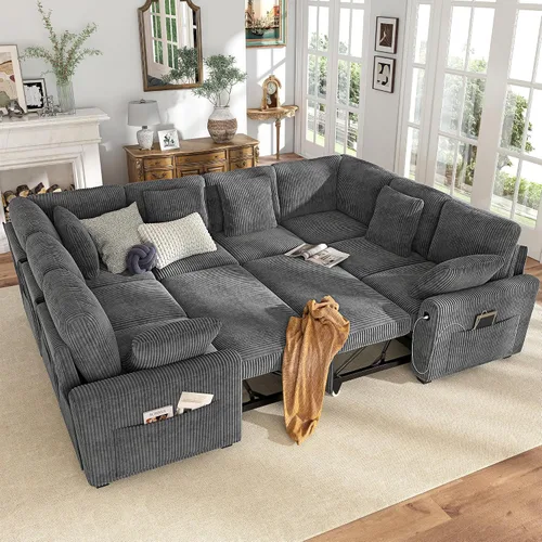 Vista 15 de Hanherry - Sofá seccional con sofá cama extraíble, sofá cama de chenilla con 2 asientos de almacenamiento y carga USB, cómodos sofás modulares