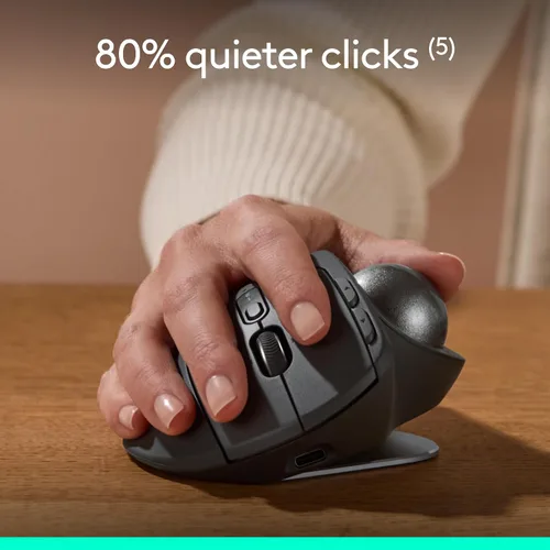 Vista 7 de Logitech MX Ergo S Mouse de trackball inalámbrico avanzado, ratón inalámbrico ergonómico recargable por USB-C con Bluetooth y dongle cifrado, 6