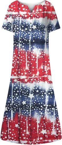 Vista 4 de perfectbot Dress for Women Independence Day Dress Summer American Flag Short Sleeve Pocket Crew Neck Flowy Midi Dresses