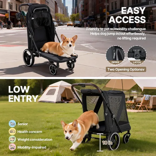 Vista 6 de Beberoad Cochecito para mascotas para perros medianos, cochecito plegable de un segundo, R7 todo terreno con neumáticos ER, malla de doble ventana
