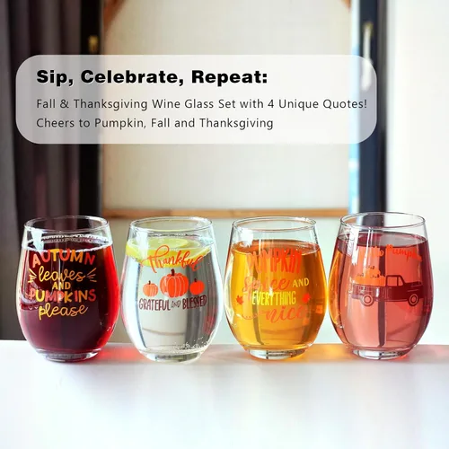 Vista 3 de CNVOILA Juego de Vasos de Vino de Acción de Gracias: Vasos y Tazas sin Tallo de 18oz para Decoración y Adornos de Otoño de Acción de Gracias, Tazas