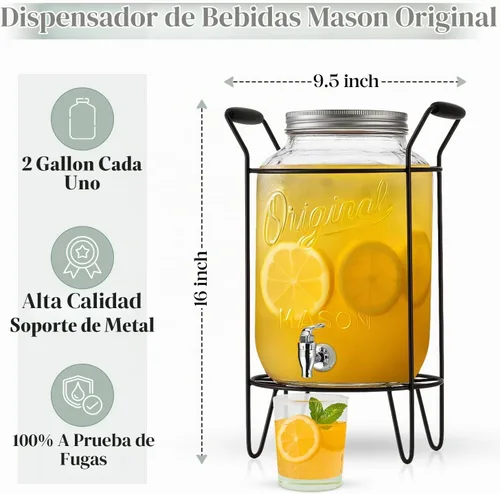 Vista 4 de Paquete de 2 dispensadores de bebidas de 2 galones para fiestas, dispensadores de bebidas para fiestas, dispensadores de bebidas originales Mason