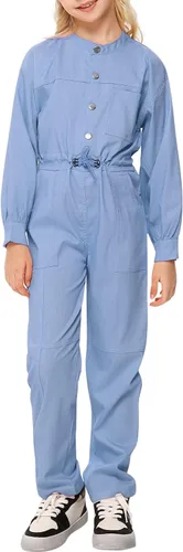 Vista 4 de Kukume Girls Long Sleeve Button Down Jumpsuits Rompers Straight Leg Cargo Pant with 5 Pockets