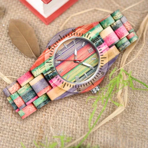 Vista 8 de Tiong Reloj de madera para mujer con correa de madera, cuarzo analógico, diseño clásico, colorido reloj de pulsera de bambú para damas, parejas..