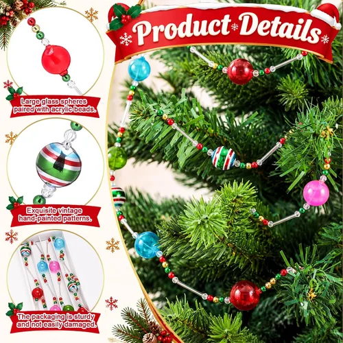 Vista 5 de 2 guirnaldas de Navidad con cuentas de vidrio vintage de 12 pies para árbol
