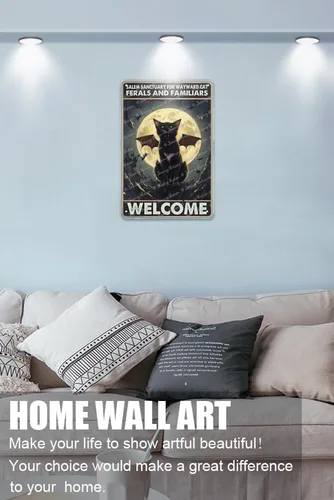 Vista 2 de Zomyto Arte de pared de gato de bruja, letrero de metal de terror de gato negro, regalos para amantes de los gatitos para mujeres y niñas