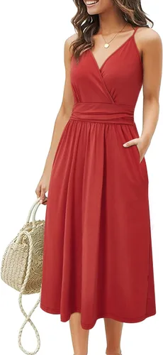 Vista 17 de Ouges Vestido corto de verano para mujer, con cuello en V, tirantes delgados, estampado floral y bolsillos, de fiesta